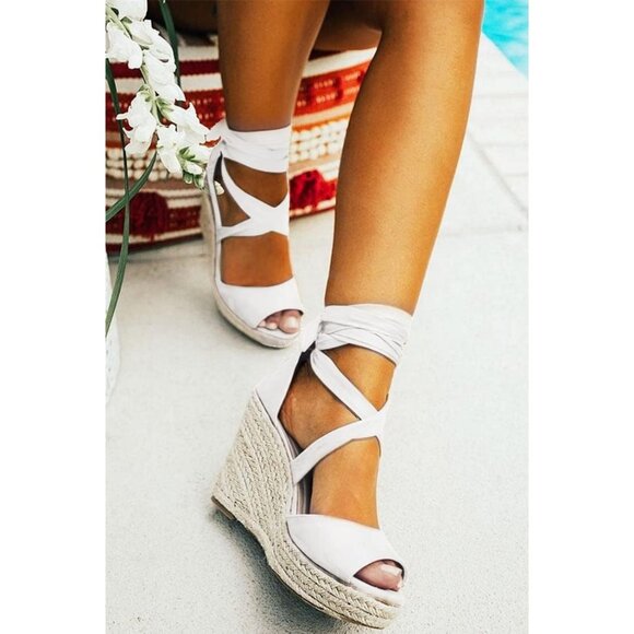 Women's White Wedges Open Ankle Strap Toe Tie Lace Up Sandals Heels Shoes - Picture 2 of 4